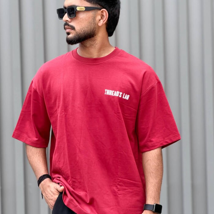 Maroon oversized t-shirt with RESPECT embroidery, green vines and butterflies on back